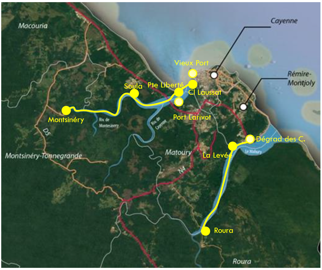 Navettes fluvio Les navettes fluviomaritimes, la voie du fleuve
La CACL lance le premier réseau de navettes fluviomaritimes de Guyane. La première ligne reliera le bourg de Montsinéry-Tonnégrande à Soula, la pointe liberté de Macouria, le Port du Larivot à Matoury puis Cayenne, en 2024. L’objectif pour l’Agglo est d’utiliser le potentiel qui lui est offert par les autoroutes naturelles que sont les rivières de Montsinéry et de Cayenne.
Ce projet s’inscrit dans le cadre du Plan Climat et du programme national pour la transition énergétique et la croissance verte, soutenu par le Ministère de la Transition écologique et solidaire. La deuxième ligne permettra de relier le bourg de Roura à Rémire-Montjoly au Mahury, en passant par la Levée à Matoury.