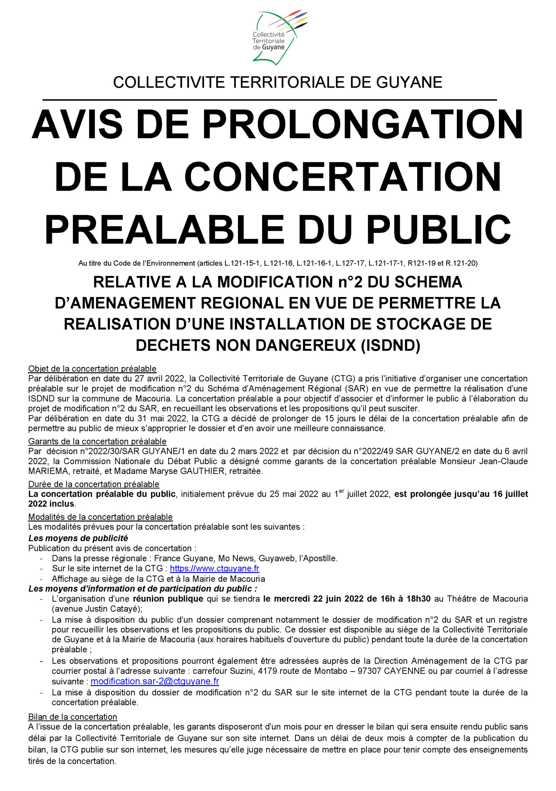 Avis de prolongation de délai de la concertation préalable liée à la modification n°2 du SAR en vue de permettre la réalisation d’une ISDND